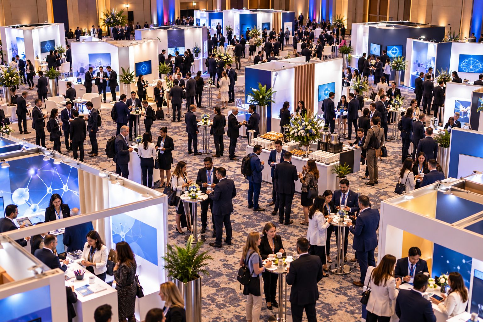 Aerial view of a busy exhibition hall with delegates meeting at partner stands