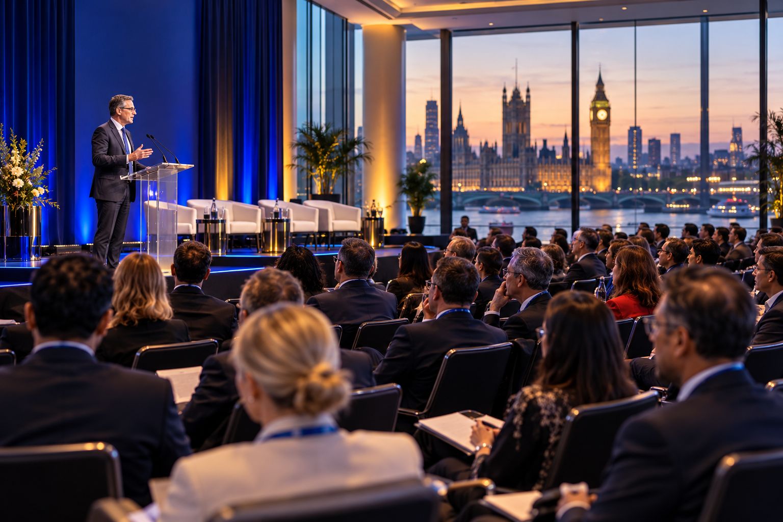 Conference keynote in London with the Houses of Parliament at dusk beyond the windows