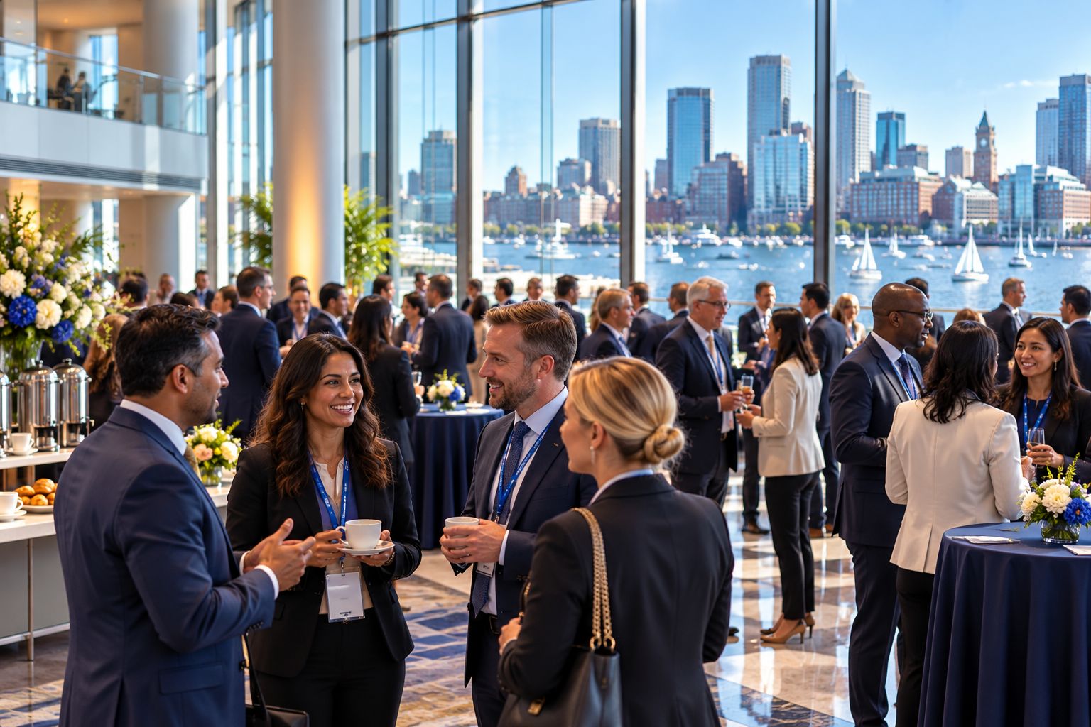 Networking reception overlooking Boston harbour and skyline